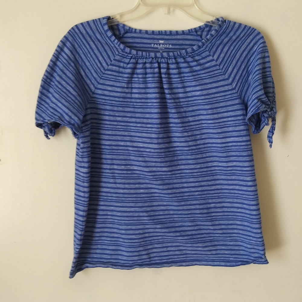 Women's SP Talbot blue white tee w tie sleeves.